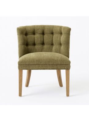 Arc club chair in olive linen-look upholstery with buttoned curved back and American Ash legs, front view