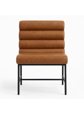 Hudson pub chair in tan leather with channel back and black steel frame, front view