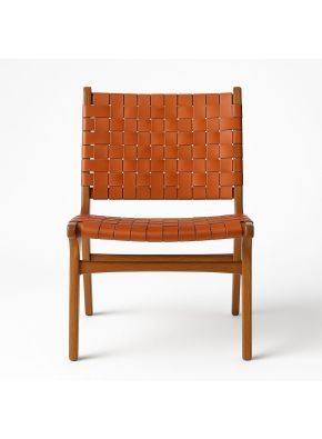 Maple club chair in tan woven leather with stained American Ash frame, front view