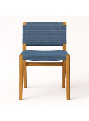 Theseus Restaurant Furniture Chair in blue and honey timber, front view.